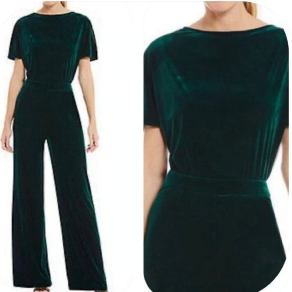 CREMIEUX EMERALD GREEN VELVET WIDE-LEG JUMPSUIT SHORT SLEEVE PARTY HOLIDAY SZ 0